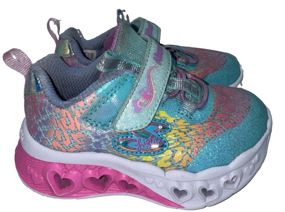 Skechers S-Lights Heart Lights Girls Toddler 6 Aqua Pink Light Up 302311N